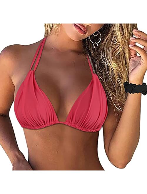 Firpearl Women's Triangle Bikini Tops Push Up Slider Ruched Halter Swimsuit Top Swim Bras