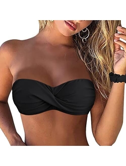 Women Strapless Bikini Tops Retro Twist Front Bathing Suit Tops Push Up Bandeau Swimsuit