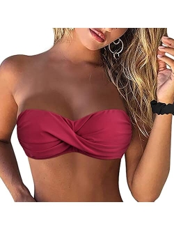 Women Strapless Bikini Tops Retro Twist Front Bathing Suit Tops Push Up Bandeau Swimsuit