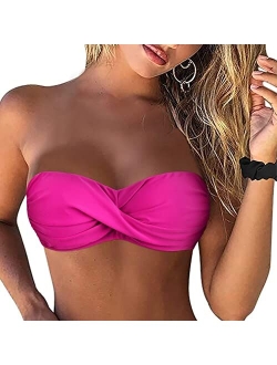 Women Strapless Bikini Tops Retro Twist Front Bathing Suit Tops Push Up Bandeau Swimsuit