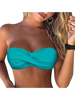 Women Strapless Bikini Tops Retro Twist Front Bathing Suit Tops Push Up Bandeau Swimsuit