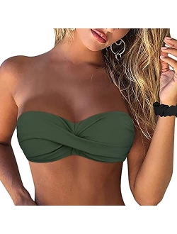 Women Strapless Bikini Tops Retro Twist Front Bathing Suit Tops Push Up Bandeau Swimsuit