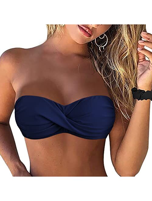 Firpearl Women Strapless Bikini Tops Retro Twist Front Bathing Suit Tops Push Up Bandeau Swimsuit