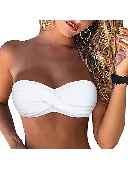 Firpearl Women Strapless Bikini Tops Retro Twist Front Bathing Suit Tops Push Up Bandeau Swimsuit