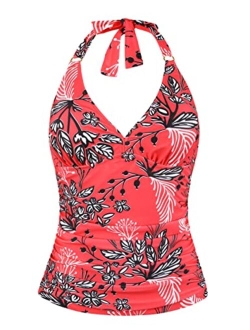 Women's Halter Tankini Tops Only V Neck Swimsuit Ruched Tummy Control Bathing Suit Tops