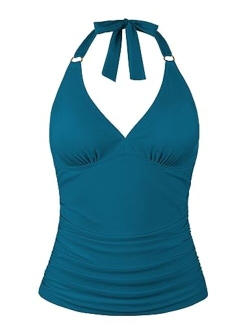 Women's Halter Tankini Tops Only V Neck Swimsuit Ruched Tummy Control Bathing Suit Tops