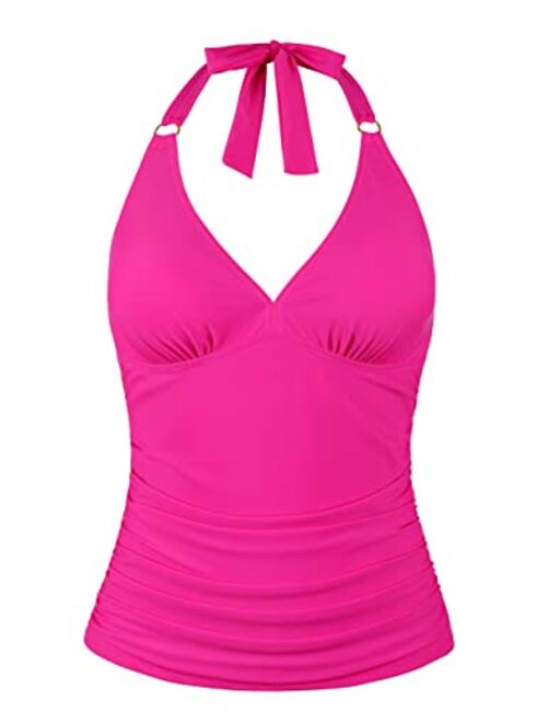 Firpearl Women's Halter Tankini Tops Only V Neck Swimsuit Ruched Tummy Control Bathing Suit Tops