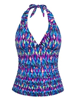 Women's Halter Tankini Tops Ruffled V Neck Swimwear Ruched Tummy Control Bathing Suit Tops