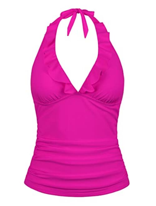 Firpearl Women's Halter Tankini Tops Ruffled V Neck Swimwear Ruched Tummy Control Bathing Suit Tops