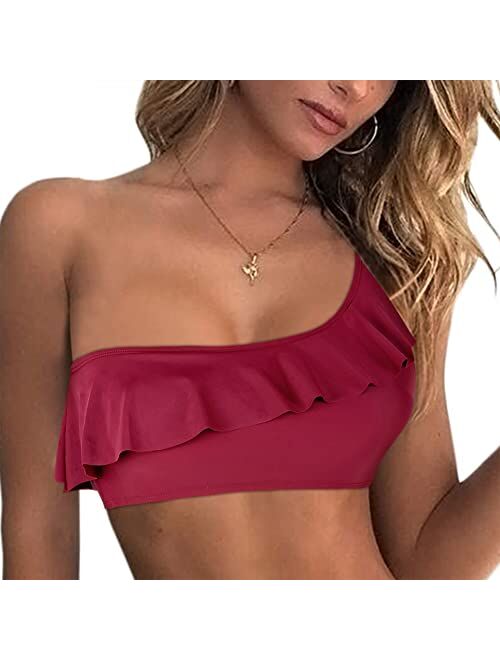 Firpearl Women's Bikini Tops One Shoulder Ruffle Bathing Suit Top