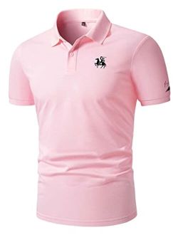 Men's Horse Print Short Sleeve Golf Shirt Regular Fit Button up Summer Tennis Tee Shirt