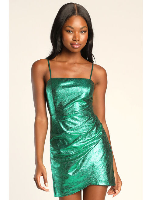 Lulus Always Envied Green Shiny Metallic Gathered Homecoming Mini Dress