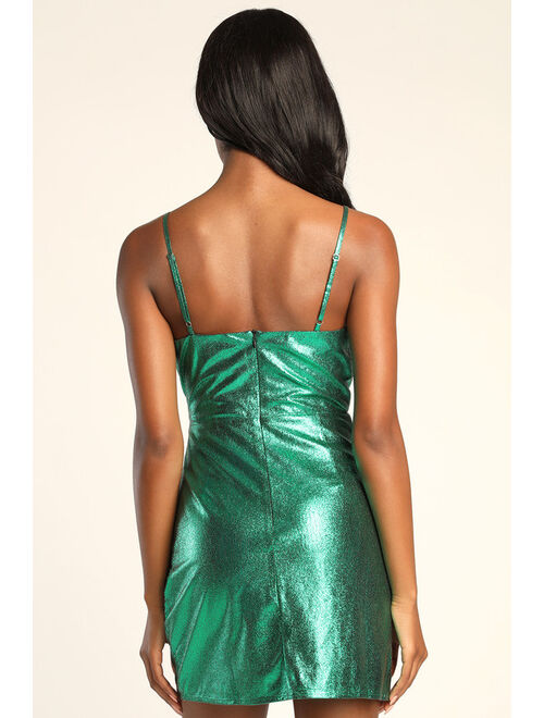 Lulus Always Envied Green Shiny Metallic Gathered Homecoming Mini Dress