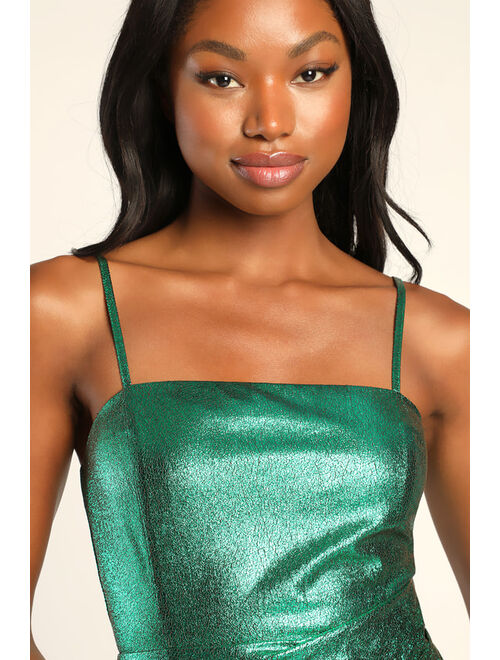 Lulus Always Envied Green Shiny Metallic Gathered Homecoming Mini Dress