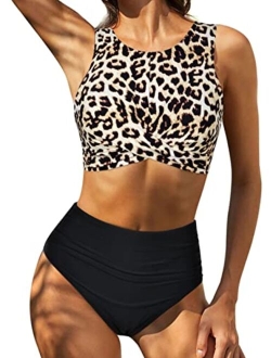 Women's High Waisted Bikini Set High Neck Two Piece Bathing Suits Crossover Ruched Swimsuits