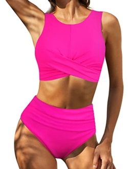 Women's High Waisted Bikini Set High Neck Two Piece Bathing Suits Crossover Ruched Swimsuits