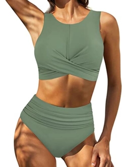 Women's High Waisted Bikini Set High Neck Two Piece Bathing Suits Crossover Ruched Swimsuits