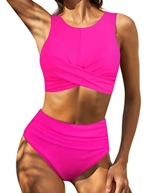 Firpearl Women's High Waisted Bikini Set High Neck Two Piece Bathing Suits Crossover Ruched Swimsuits