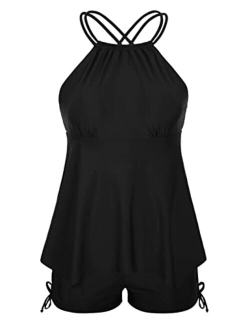 Plus Size Tankini Swimsuits for Women Flowy High Neck Bathing Suit Top with Shorts Cross Back 2 Piece Swimwear