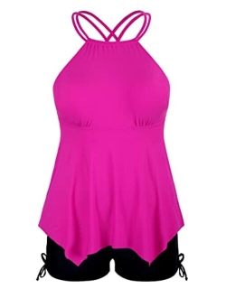 Plus Size Tankini Swimsuits for Women Flowy High Neck Bathing Suit Top with Shorts Cross Back 2 Piece Swimwear