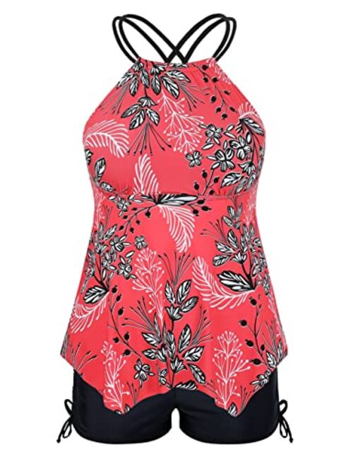 Firpearl Plus Size Tankini Swimsuits for Women Flowy High Neck Bathing Suit Top with Shorts Cross Back 2 Piece Swimwear