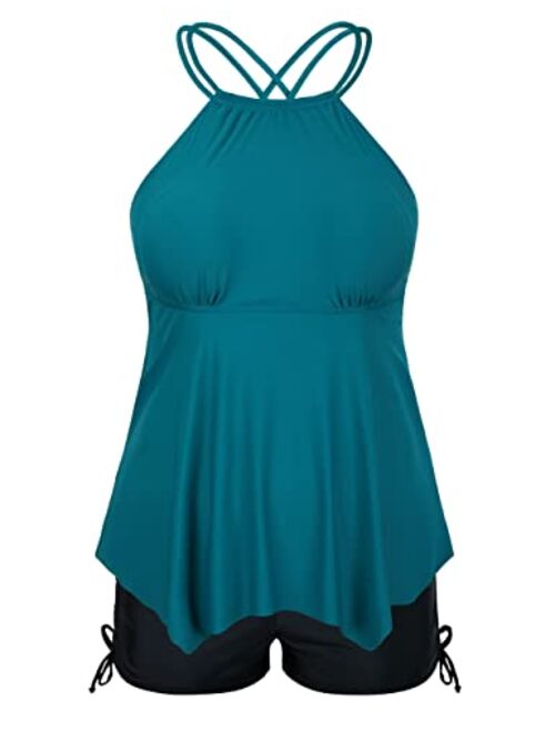 Firpearl Plus Size Tankini Swimsuits for Women Flowy High Neck Bathing Suit Top with Shorts Cross Back 2 Piece Swimwear