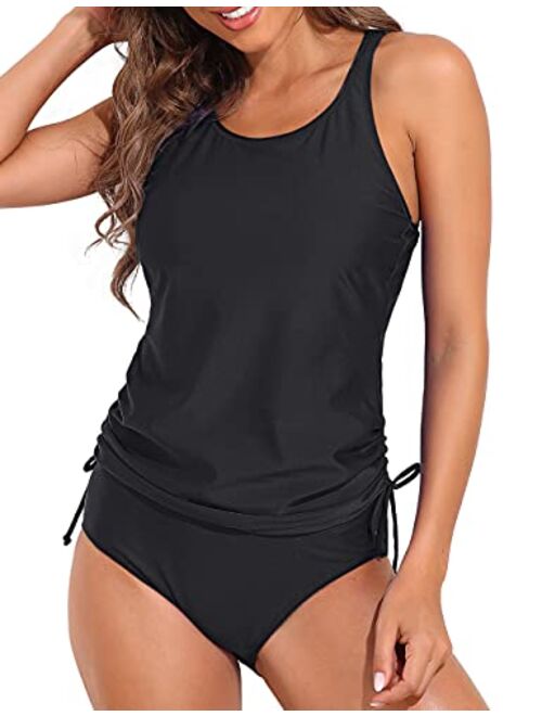 Firpearl Women's Tankini Swimsuits with Shorts Athletic Two Piece Bathing Suits Racerback Tummy Control Swimwear