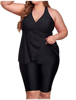 Plus Size Bathing Suit for Women Flowy Tankini Top with Swim Capris Athletic Two Piece Swimsuits