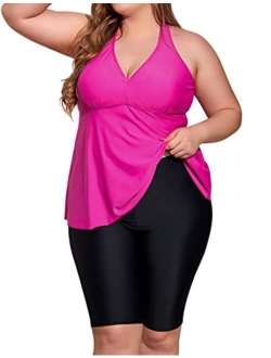 Plus Size Bathing Suit for Women Flowy Tankini Top with Swim Capris Athletic Two Piece Swimsuits