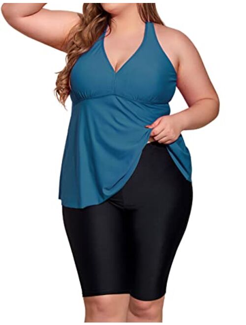 Firpearl Plus Size Bathing Suit for Women Flowy Tankini Top with Swim Capris Athletic Two Piece Swimsuits