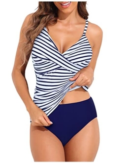 Women's Tankini Swimsuits Twist V Neck Swim Top with Shorts Ruched Tummy Control Two Piece Bathing Suit