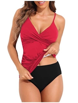 Women's Tankini Swimsuits Twist V Neck Swim Top with Shorts Ruched Tummy Control Two Piece Bathing Suit