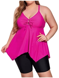 Plus Size Flowy Tankini Swimsuits for Women V Neck Bathing Suit Top with Boyshorts Cross Back 2 Piece Swimwear