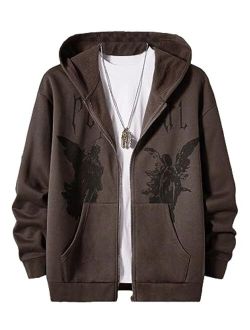 Men's Graphic Zip Up Hoodies Jacket Angel Letter Print Long Sleeve Pocket Sweatshirt