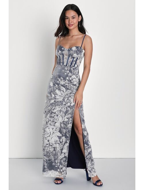 Lulus Classical Charisma Navy Blue and White Floral Bustier Maxi Dress