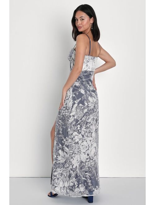 Lulus Classical Charisma Navy Blue and White Floral Bustier Maxi Dress