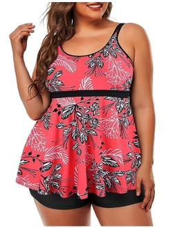 Women's Plus Size Tankini Bathing Suits Modest Tummy Control Two Piece Swimsuits with Boyshort