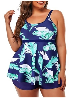 Women's Plus Size Tankini Bathing Suits Modest Tummy Control Two Piece Swimsuits with Boyshort