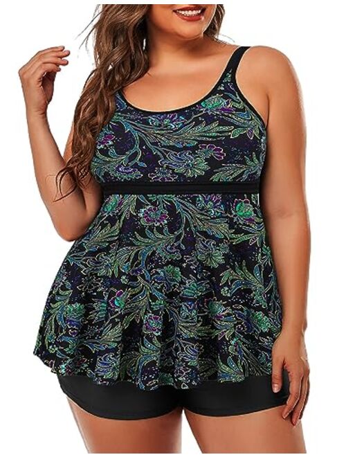 Firpearl Women's Plus Size Tankini Bathing Suits Modest Tummy Control Two Piece Swimsuits with Boyshort