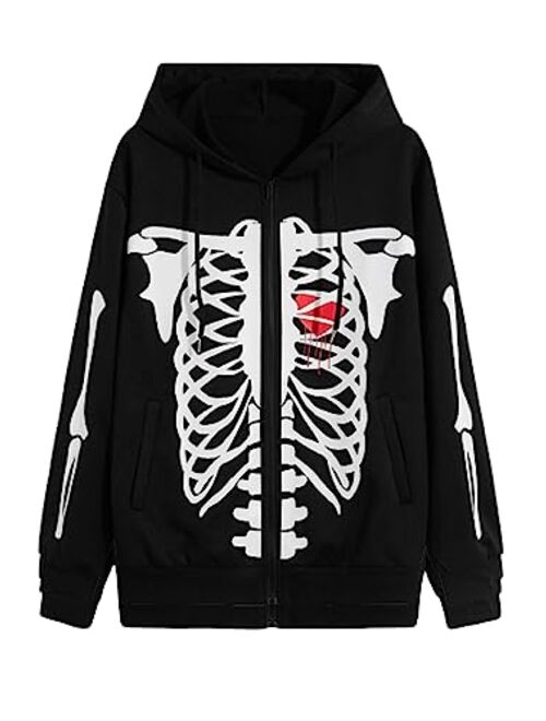 SOLY HUX Men's Y2k Gothic Graphic Zip Up Hoodies Skeleton Print Drawstring Long Sleeve Sweatshirt Jacket