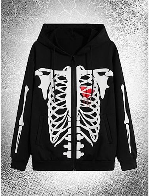 SOLY HUX Men's Y2k Gothic Graphic Zip Up Hoodies Skeleton Print Drawstring Long Sleeve Sweatshirt Jacket