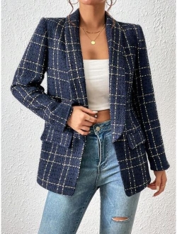 Frenchy Plaid Shawl Collar Open Front Blazer