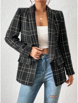 Frenchy Plaid Shawl Collar Open Front Blazer