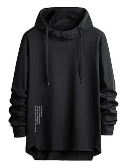 Men's Letter Print Hoodies Drawstring Long Sleeve Asymmetrical Hem Pullover Sweatshirt