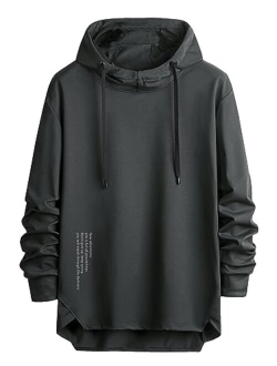 Men's Letter Print Hoodies Drawstring Long Sleeve Asymmetrical Hem Pullover Sweatshirt