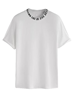 Men's Letter Print Mock Neck Short Sleeve Tee T Shirts Casual Summer Tops