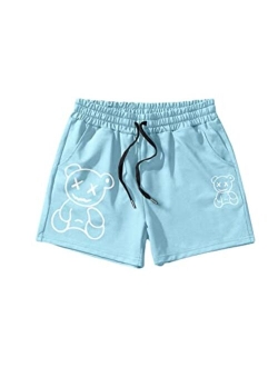 Men's Cartoon Print Drawstring High Waisted Sweat Shorts Casual Summer Track Shorts with Pocket