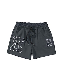 Men's Cartoon Print Drawstring High Waisted Sweat Shorts Casual Summer Track Shorts with Pocket