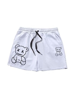 Men's Cartoon Print Drawstring High Waisted Sweat Shorts Casual Summer Track Shorts with Pocket