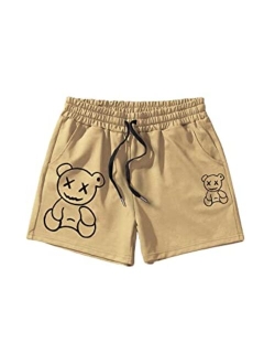 Men's Cartoon Print Drawstring High Waisted Sweat Shorts Casual Summer Track Shorts with Pocket